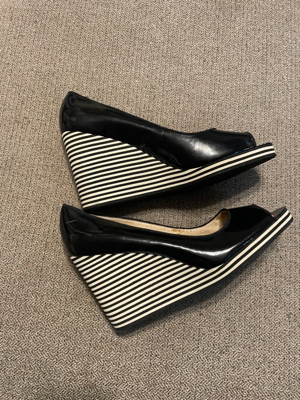 Michael Kors Black Patent Peep-Toe Wedge Heels with Striped Platform